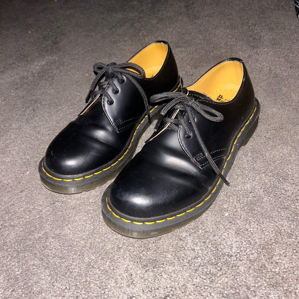 Dr. Martens Black Leather Shoes with Yellow Stitching